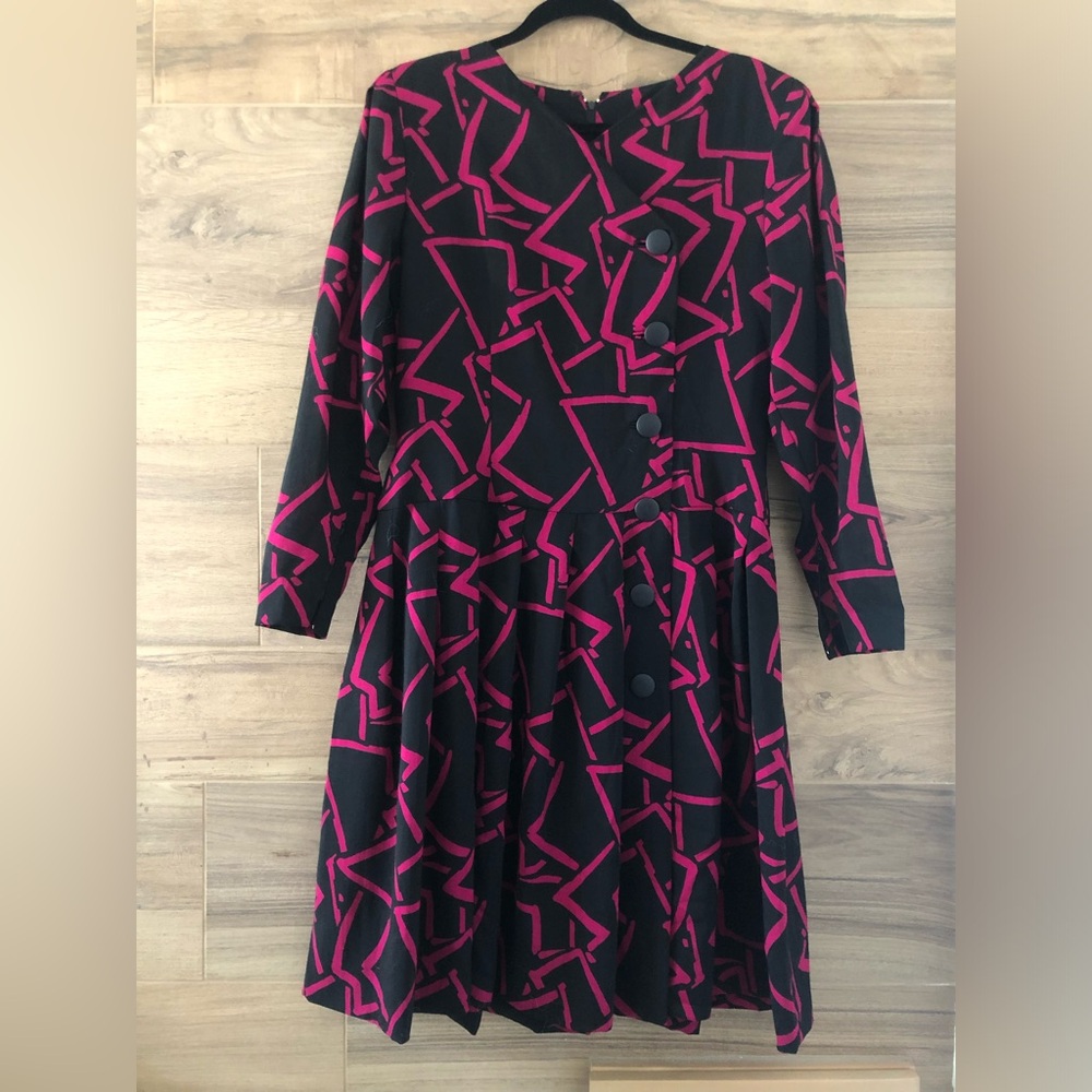 Pauline Trigere Vintage Geometric Patterned Black and Pink Dress Size 12